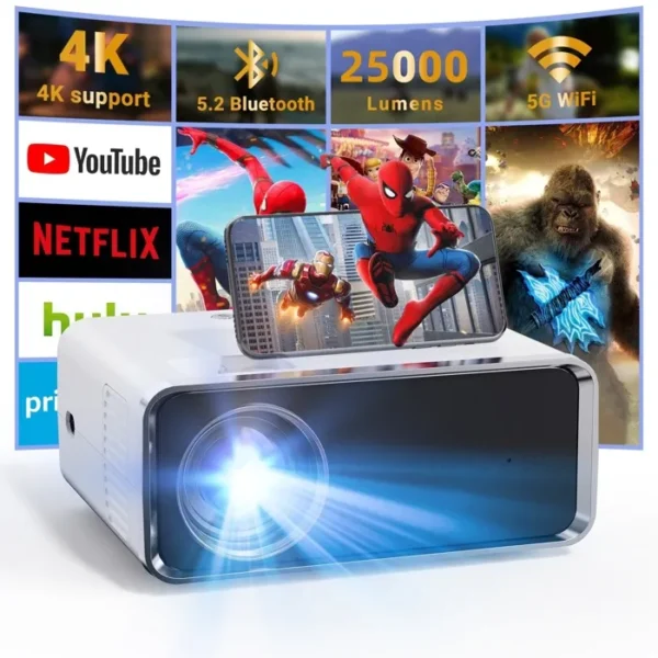 Videoprojecteur Portable 5G WiFi Bluetooth, Mini Projecteur 4k 1080P Full HD, Video Projecteur Compatible Android/iOS/TV